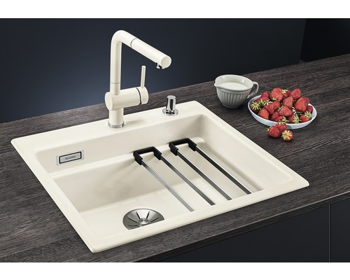 Küchenspüle mit Wasserhahn, Abtropfgestell und Spülmittelspender auf einer Küchentheke mit Erdbeeren und einem Krug Milch