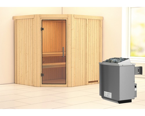 Elementsauna Karibu Petalit inkl. 9 kW Ofen u.integr.Steuerung ohne Dachkranz mit Ganzglastüre aus Klarglas