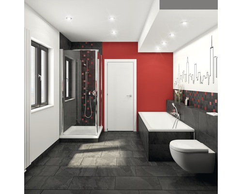 Badezimmer mit Dusche, Badewanne, Toilette, Fliesen und roter Wand