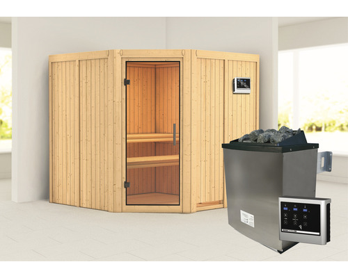 Elementsauna Karibu Jarina inkl. 9 kW Ofen u.ext.Steuerung ohne Dachkranz mit Ganzglastüre aus Klarglas