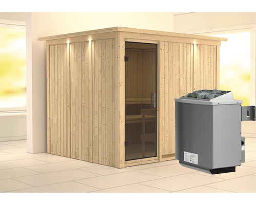 Elementsauna Karibu Gobina inkl. 9 kW Ofen u.integr.Steuerung mit Dachkranz und graphitfarbiger Ganzglastüre