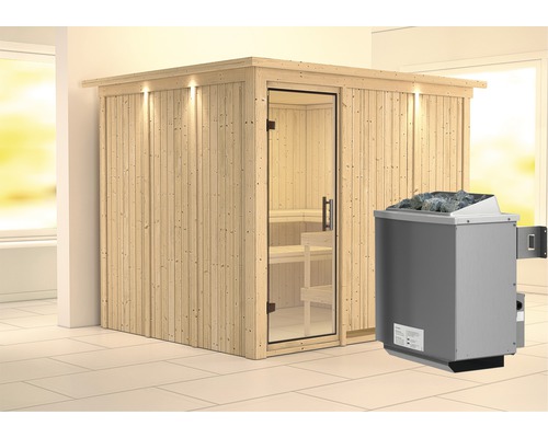 Elementsauna Karibu Gobina inkl. 9 kW Ofen u.integr.Steuerung mit Dachkranz und Ganzglastüre aus Klarglas