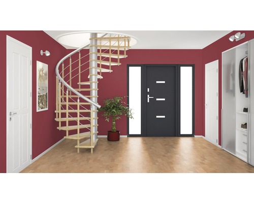 Innenraumansicht mit Wendeltreppe, Eingangstür und Einbauschrank