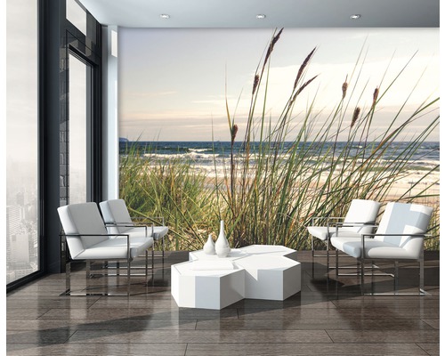 Modernes Wohnzimmer mit Strand Tapete und weißen Möbeln