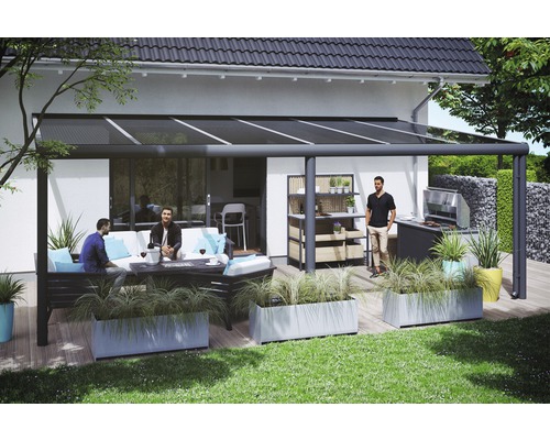 Terrassenüberdachung SKAN HOLZ Garda 648x307 cm anthrazit Terrasse mit Terrassenüberdachung, Sitzgruppe, Grill und Dekoration
