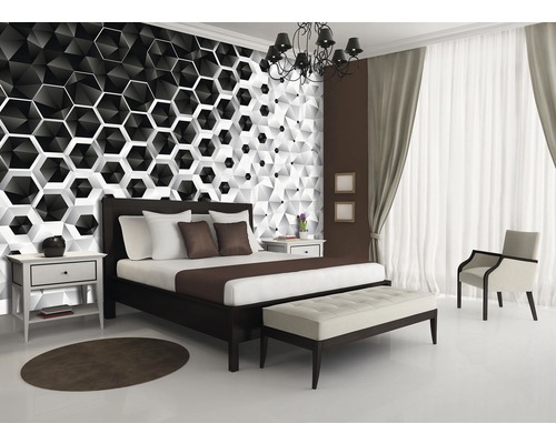 Schlafzimmer mit Bett, Nachttisch und Wandtapete im modernen Design