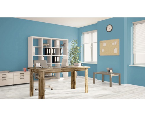 Modernes Büro mit Schreibtisch, Regal und Büromaterialien für ein organisiertes Arbeitsumfeld.