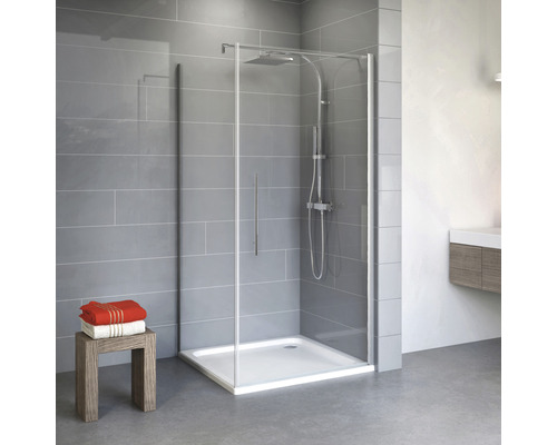 Duschtür mit Seitenwand mit Drehtür SCHULTE Alexa Style 2.0 ExpressPlus 90 x 90 cm Profil aluminium Klarglas schmutzabweisende Glasbeschichtung inkl. Duschwanne Duschkabine mit Duschwanne in einem hellen Badezimmer
