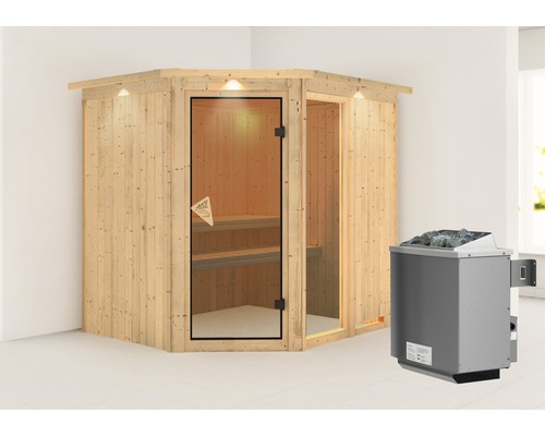 Elementsauna Karibu Siona 2 inkl. 9 kW Ofen u.integr.Steuerung mit Dachkranz und bronzierter Ganzglastüre