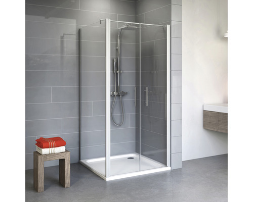 Duschtür mit Seitenwand mit Pendeltür SCHULTE Alexa Style 2.0 ExpressPlus 90 x 90 cm Profil aluminium Klarglas schmutzabweisende Glasbeschichtung inkl. Duschwanne Duschkabine mit Duschtasse und Armatur im Badezimmer