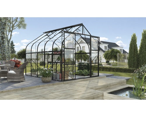 Gewächshaus Vitavia Diana 8300 Einscheibensicherheitsglas 3 mm 264x321 cm schwarz Ein Gewächshaus mit Glaswänden und einem dunklen Rahmen steht im Garten.