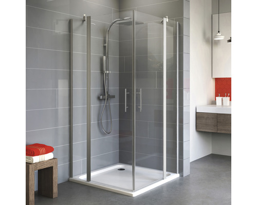 Eckeinstieg mit Pendeltür SCHULTE Alexa Style 2.0 ExpressPlus 90 x 90 cm Profil aluminium Klarglas schmutzabweisende Glasbeschichtung Türanschlag links Türanschlag rechts Quadratische Duschkabine mit Duschwanne in einem modern gefliesten Badezimmer.