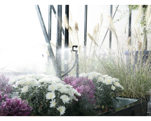 Bewässerungssystem mit Sprinkler zwischen Pflanzen und Gräsern