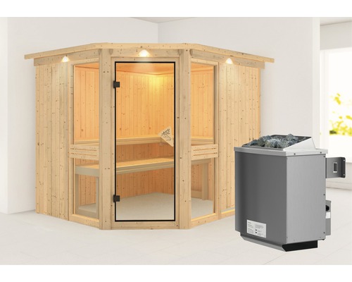 Elementsauna Karibu Omelia 3 inkl. 9 kW Ofen u.integr.Steuerung mit Dachkranz und bronzierter Ganzglastüre