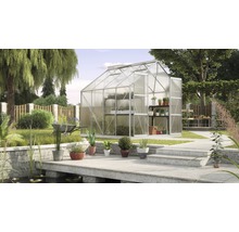 Gewächshaus im Garten mit Pflanzen und Gartengeräten