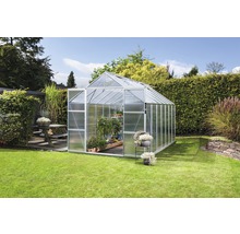 Gewächshaus aus Polycarbonat im Garten mit Pflanzen.