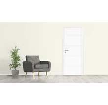 Wohnraumszene mit Sessel, Zimmerpflanze und Innentür