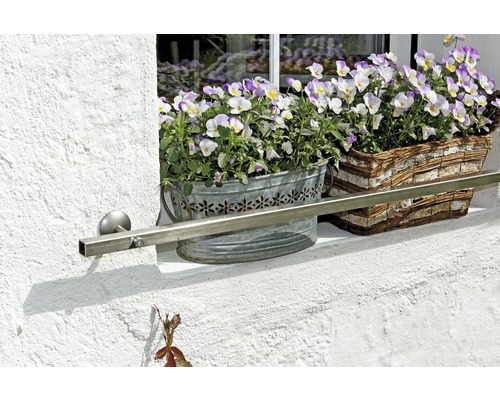 Blumenkästen mit Veilchen auf Fensterbank mit Geländer