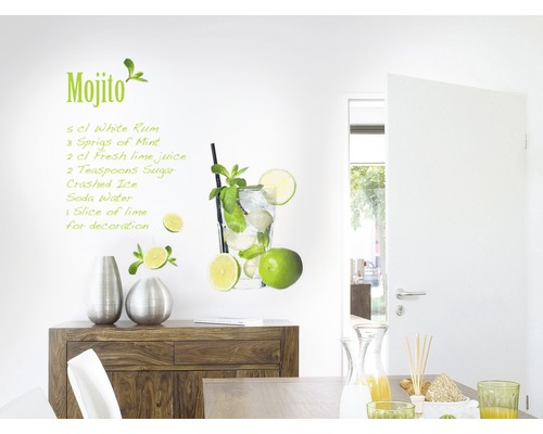 Wandaufkleber mit Mojito Rezept und Glasdarstellung im Wohnraum