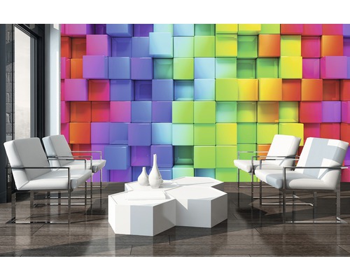 Fototapete mit bunten Würfeln und Designermöbeln in einem hellen Raum