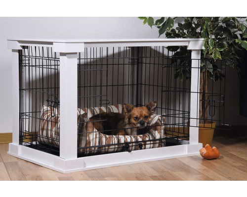 Hund in einer Hundebox mit Stahlgitter und Holzboden