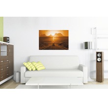 Wohnzimmer mit Sofa und Wandbild einer Straße in der Wüste bei Sonnenuntergang