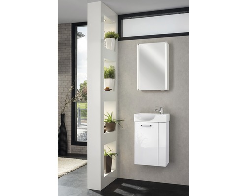 Badezimmer mit Waschtisch, Spiegelschrank und Raumteiler mit Regalen