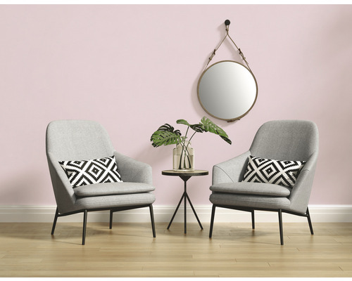 Wohnzimmer mit zwei grauen Sesseln, Kissen, Beistelltisch mit Pflanze und rundem Spiegel an der Wand