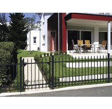 Gartenszene mit einem schwarzen Metallzaun und Tor vor einem Wohnhaus.