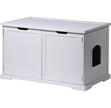 Weiße Katzentoilette mit Schrank und Türen