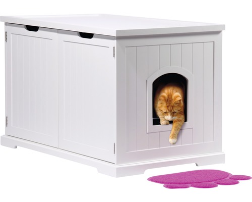 Katze betritt weiße Katzentoilette mit Tür und Fußmatte