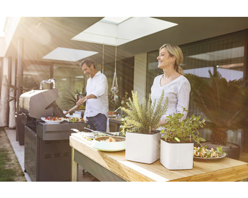 Terrasse mit Grill und Kräutern in Pflanzgefäßen, Menschen beim Grillen