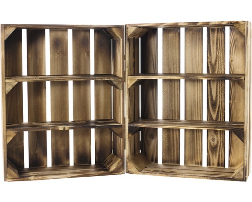 Zwei offene Holzkisten mit je zwei Fächern