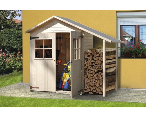 Gerätehaus weka 357 mit Schleppdach und Fußboden 245 x 105 cm natur Holzgartenhaus mit offenstehender Tür und Holzstapel