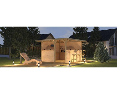 Pavillon weka Man Cave Freizeithütte mit Flachdach 306 x 306 cm Außenbereich mit Holzbar, Liegestuhl und Beleuchtung