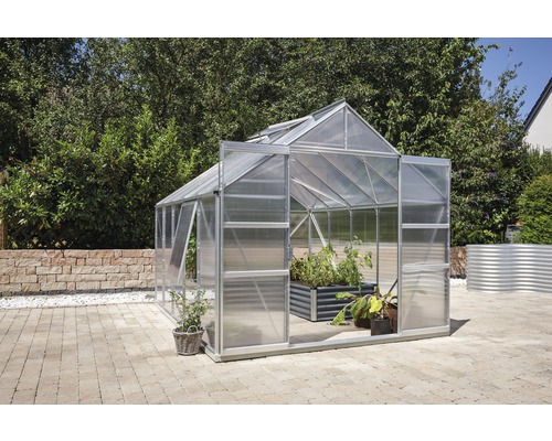 Gewächshaus mit geöffneter Tür und Pflanzen