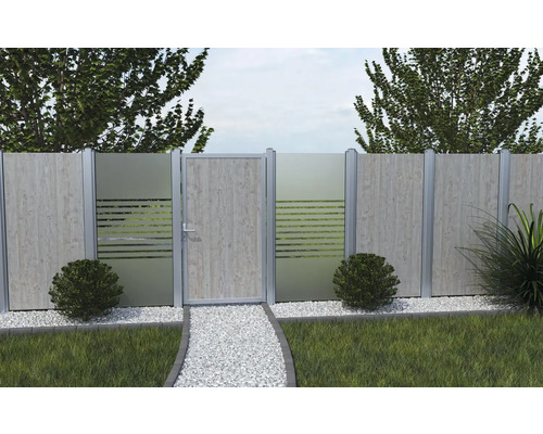 Gartenzaun mit Holztor und Glaselementen