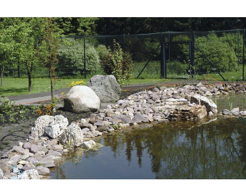 Teich mit Steinen und Uferbepflanzung im Garten