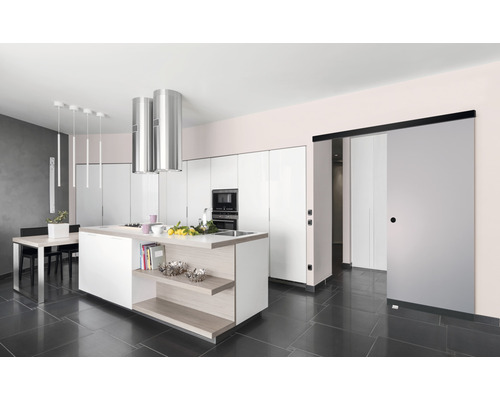 Moderne Küche mit Kücheninsel, Esstisch und Schiebetür