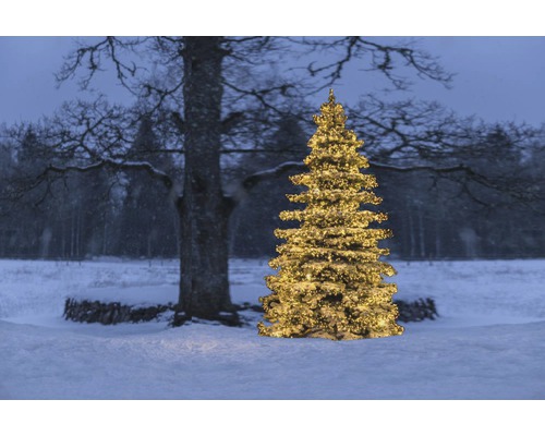 Geschmückter Weihnachtsbaum im verschneiten Garten