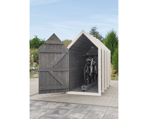 Fahrradgarage aus Holz mit geöffneter Tür und Fahrrad