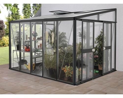 Gewächshaus mit Pflanzen und Regalen zur Aufzucht