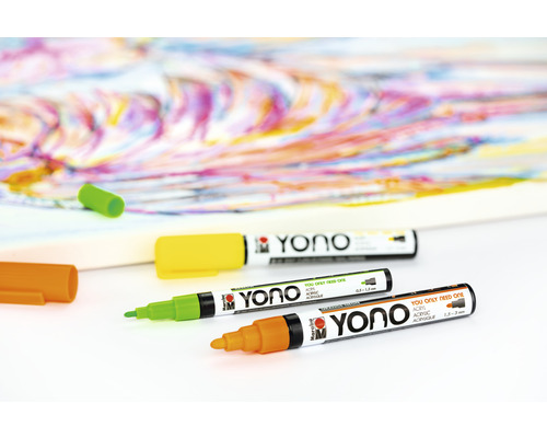 Mehrfarbige YONO Acrylfarbstifte von Marabu auf weißem Untergrund