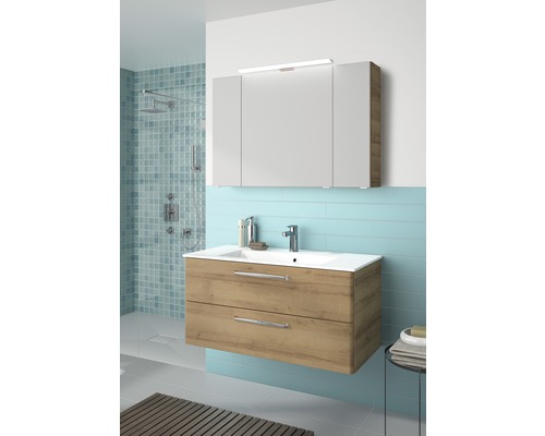 Modernes Badezimmer mit Waschtischunterschrank, Waschbecken und Spiegelschrank