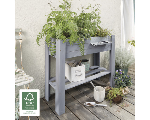 Hochbeet aus Holz mit zwei Regalböden und Pflanzen