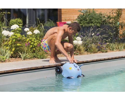 Ein Mann setzt einen Poolreinigungsroboter in ein Schwimmbecken.