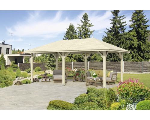 Pavillon SKAN HOLZ Orleans 1 mit Pfostenanker 656 x 374 cm natur Holzpavillon mit Sitzgruppe im Garten