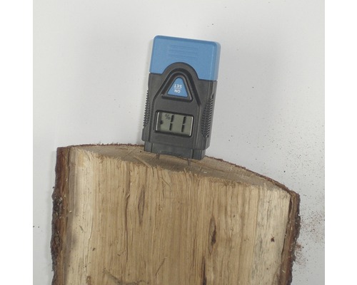 Holzfeuchtemessgerät misst die Feuchtigkeit eines Holzscheits