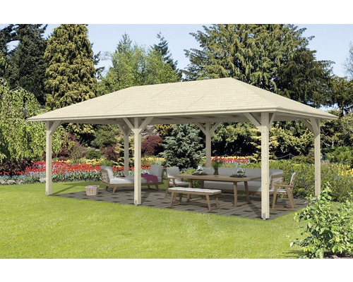 Pavillon SKAN HOLZ Orleans 2 mit Pfostenanker 786 x 439 cm natur Holzpavillon mit Gartenmöbeln im Außenbereich