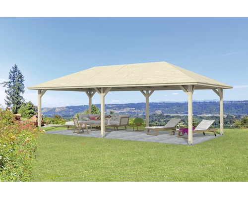 Pavillon SKAN HOLZ Orleans 3 mit Pfostenanker 916 x 504 cm natur Holzpavillon mit Gartenmöbeln und Liegestühlen im Außenbereich